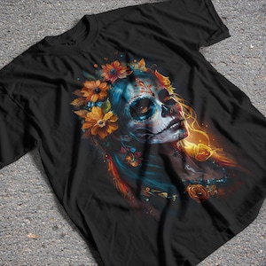 Catrina T-Shirt Design, DTF PNG Design, Halftone High-Quality Image, DTG T-Shirt Design, Halloween Shirt Design