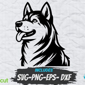 Conception Husky Svg, clipart PNG, dessins par sublimation, fichiers de coupe Cricut, fichiers de gravure laser. Designs de t-shirts, vecteur de logo d'entreprise de chien