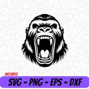以下が含まれることがあります： 口を開けて吠えているゴリラの頭部の白黒イラスト。ゴリラの歯が見える。