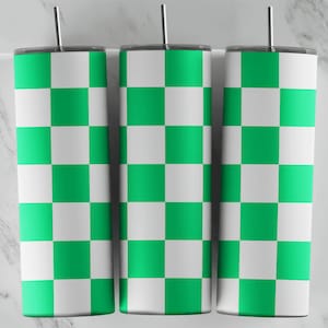 May include: Three stainless steel tumblers with a green and white checkered pattern.