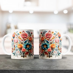 Mexican Flowers Mug Design, Sublimation Design for 12 & 15 oz Coffee Mugs, Cute Floral Cup, Coffee Mug Image, Plantilla Sublimacion