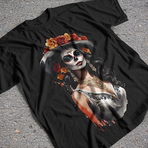 Cute Catrina T-Shirt Design, DTF PNG Design, Halftone High-Quality Image, DTG T-Shirt Design, Halloween Shirt Design, Dia de los Muertos