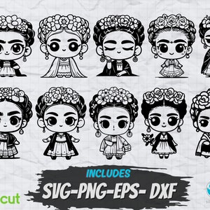 Schattig Frida Kahlo Svg-ontwerp, PNG-clipart, sublimatieontwerpen, Cricut-gesneden bestanden, lasergravurebestanden. T-shirtontwerpen, Mexicaanse vector