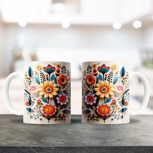 Mexican Flowers Mug Design, Sublimation Design for 12 & 15 oz Coffee Mugs, Cute Floral Cup, Coffee Mug Image, Plantilla Sublimacion
