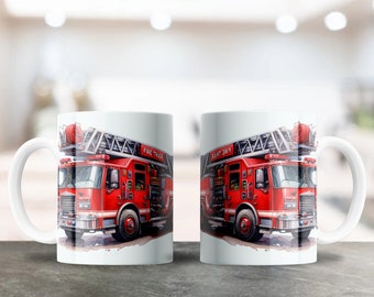 Firetruck PNG Design for 12oz & 15oz Coffee Mugs - Sublimation Fireman Design, Heroic Drinkware Art, Fireman Ceramic Mug Design