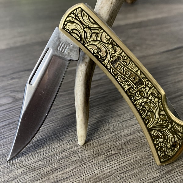 Heavy Scroll Personalized Engraved Brass Pocket Knife For Dad Boyfriend Husband Or Friend Custom Engraved With Name You Choose On Both Sides