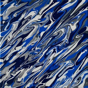 8x8 acrylic handmade artwork. dark and light blue white matte silver metallic swirls cowboys modern happy gift charming calm