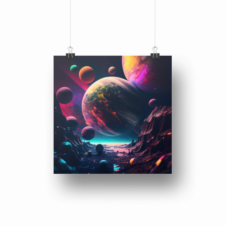 May include: A vibrant poster print featuring a surreal space scene. The artwork showcases multiple planets in shades of orange, purple, and teal, set against a dark, starry backdrop. Rocky terrain frames a celestial river, creating a sense of depth and wonder.