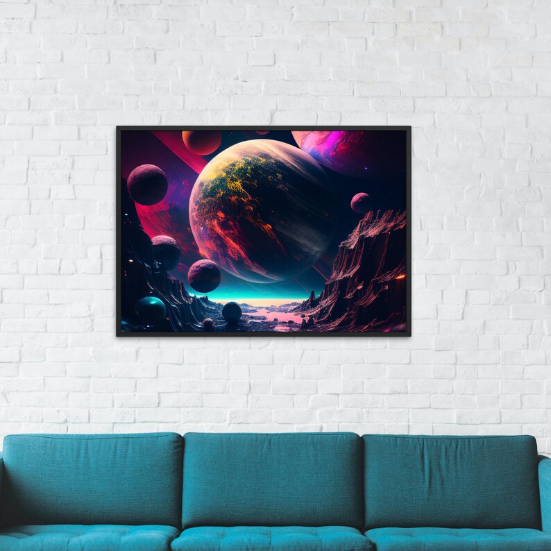 May include: A framed art print depicting a vibrant, colorful space scene. The artwork features multiple planets, nebulae, and celestial bodies in shades of red, purple, and blue. The planets have textured surfaces and are set against a backdrop of cosmic dust and light.