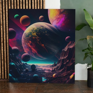 May include: A canvas print depicting a vibrant, colorful space scene. The artwork features multiple planets in shades of orange, purple, and blue, set against a dark, starry background. The planets are surrounded by a rocky, mountainous landscape.