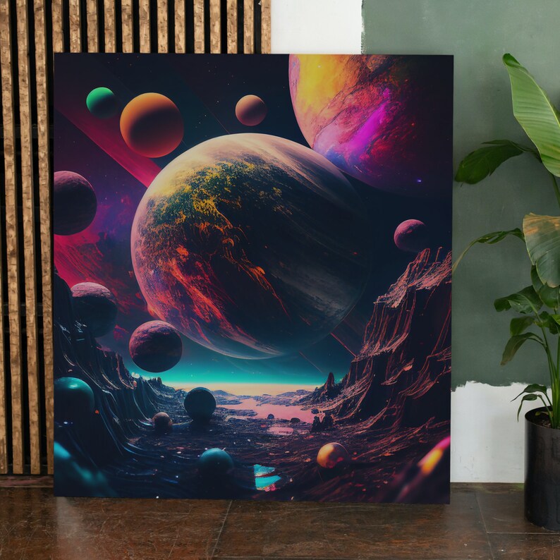 May include: A canvas print depicting a vibrant, colorful space scene. The artwork features multiple planets in shades of orange, purple, and blue, set against a dark, starry background. The planets are surrounded by a rocky, mountainous landscape.