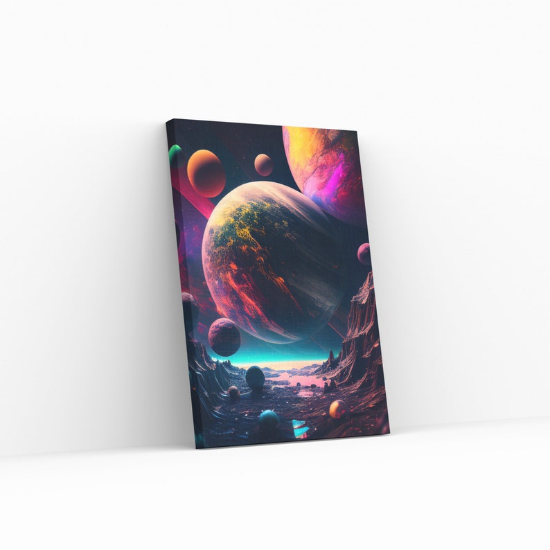 May include: A canvas print featuring a vibrant, digitally created space scene. The artwork showcases multiple planets in shades of orange, purple, and blue, set against a dark, starry background. The composition includes a landscape with rocky formations.