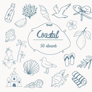 Hand Drawn Coastal Doodle, Whimsical Sea Doodle, Summer Line Art, Seaside, Ocean, 50 Beach Elements png, svg, eps, Summer Nautical