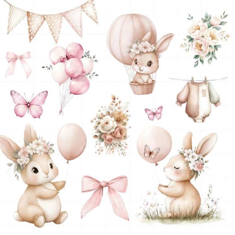 May include: A collection of watercolour illustrations featuring bunnies, balloons, butterflies, and floral arrangements in soft pink and beige hues. Includes a bunny in a hot air balloon and a polka dot banner. Ideal for baby-themed events.