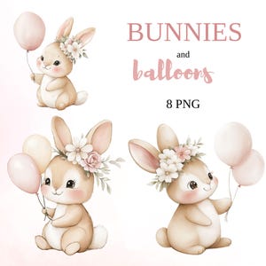 Clipart de coelho e balão, Clipart de coelho fofo, Coelhinhos em aquarela PNG, Coelhinhos engraçados, Decoração de aniversário, 300 DPI, Coelhinhos florais em aquarela