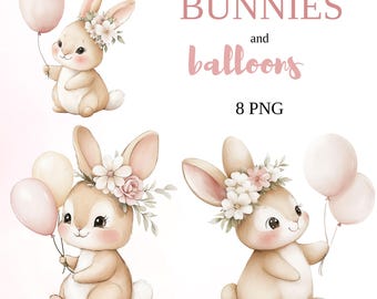 Imágenes prediseñadas de conejitos y globos, decoración de cumpleaños