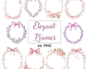 Watercolor Floral Frames: Pink Bow Clipart, Invitation Design (PNG Digital Download)