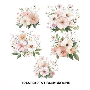K&ouml;nnte beinhalten: Aquarell-Blumenstr&auml;u&szlig;e in Rosa, Pfirsich und Wei&szlig; mit gr&uuml;nen Bl&auml;ttern. Die Str&auml;u&szlig;e sind auf wei&szlig;em Hintergrund angeordnet. Der Text "TRANSPARENT BACKGROUND" befindet sich unten.