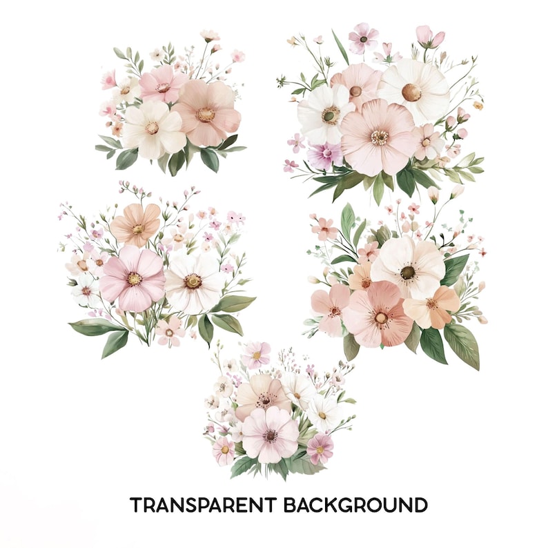 K&ouml;nnte beinhalten: Aquarell-Blumenstr&auml;u&szlig;e in Rosa, Pfirsich und Wei&szlig; mit gr&uuml;nen Bl&auml;ttern. Die Str&auml;u&szlig;e sind auf wei&szlig;em Hintergrund angeordnet. Der Text "TRANSPARENT BACKGROUND" befindet sich unten.