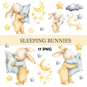 Bunny In Pajamas Clipart, Watercolor Sleeping Bunny, Rabbits in Pajamas, Kid&#39;s Good Night