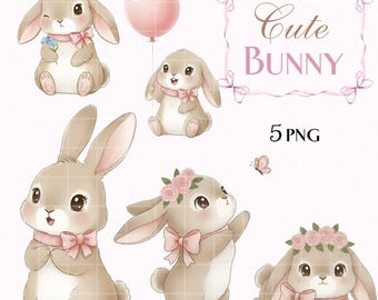 Cute Bunny Clipart Bundle, Watercolor Rabbit PNG Set, Baby Shower Easter Digital Download, Commercial Use Nursery Animal Graphics