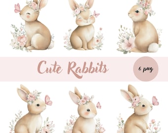 Puede incluir: Ilustración en acuarela de seis adorables conejos con coronas de flores y mariposas. Los conejos están en varias poses, rodeados de flores y vegetación. El texto "Cute Rabbits" se muestra, con "6 png" en un círculo.