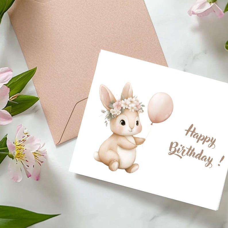 May include: A birthday card with a watercolour illustration of a bunny wearing a floral crown and holding a pink balloon. The card has the words "Happy Birthday!" written in a script font. A pink envelope is visible in the background.