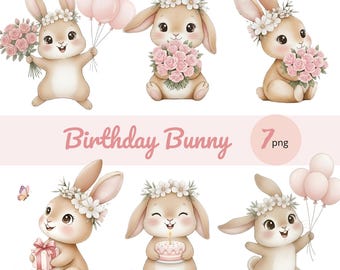 Aquarell Hase Clipart Set: Baby Party, Kinderzimmer Kunst (7 PNG Dateien)