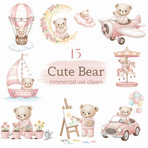 Watercolor Teddy Bear Clipart, Pink Bear for Baby Birthday, Baby Shower Invitation Clipart, Nursery Art, Cute Pink Bears 15 png