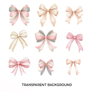 K&ouml;nnte beinhalten: Neun Aquarell-Schleifen in verschiedenen Designs und Farben, darunter Rosa, Pfirsich, Gold und Grau. Einige Schleifen haben Streifenmuster oder goldene Akzente. Der Text "TRANSPARENT BACKGROUND" befindet sich unten.