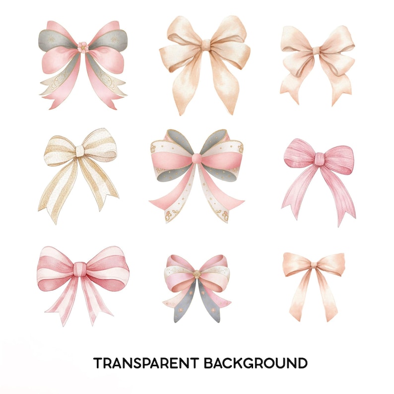 K&ouml;nnte beinhalten: Neun Aquarell-Schleifen in verschiedenen Designs und Farben, darunter Rosa, Pfirsich, Gold und Grau. Einige Schleifen haben Streifenmuster oder goldene Akzente. Der Text "TRANSPARENT BACKGROUND" befindet sich unten.