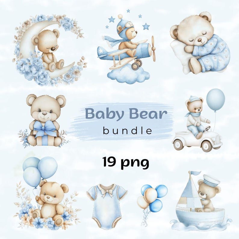 Watercolor Teddy Bear Clipart, Blue Baby Shower, Baby Boy 1st Birthday ...