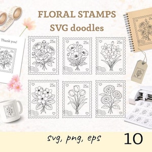 May include: Floral stamps SVG doodles in black and white, featuring various flower illustrations. The image includes a notebook, mug, and tag with similar floral designs. The text "FLORAL STAMPS SVG doodles" is displayed at the top, with "svg, png, eps" and the number "10" at the bottom.