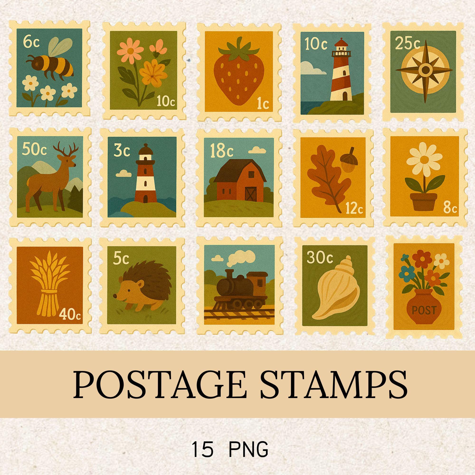 Vintage Postage Stamps Clipart: Hand-drawn PNG Set (15 PNG) - Etsy