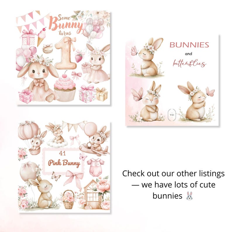 K&ouml;nnte beinhalten: Eine Sammlung von Aquarellillustrationen mit Hasen, Schmetterlingen und Party-Elementen. Die Bilder zeigen Hasen mit Blumenkr&auml;nzen, Cupcakes, Geschenken und den Texten "Some Bunny turns 1" und "Pink Bunny".