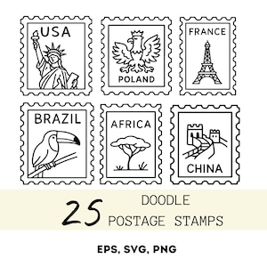 Pode incluir: Uma coleção de 25 selos postais doodle com marcos e símbolos icónicos de todo o mundo. Os selos incluem a Estátua da Liberdade (EUA), a Torre Eiffel (França) e a Grande Muralha da China.