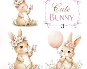 Può includere: Tre illustrazioni di coniglietti marrone chiaro con pance bianche. Due coniglietti indossano corone di fiori bianchi e rosa e interagiscono con farfalle rosa. Un coniglietto tiene un palloncino rosa e indossa una corona di fiori. Testo Cute BUNNY 3.