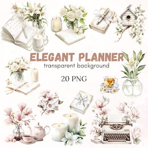 Clipart de planejador elegante, clipart de planejador em aquarela, clipart de planejador boho, 20 PNG, estética de diário, álbum de recortes de adesivos, garota planejadora PNG