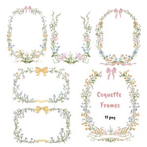Coquette Frames Clipart, Whimsical Frames Clipart, Vintage Pastel Floral Borders With Ribbon, Bow Frames, Wedding Coquette Frame