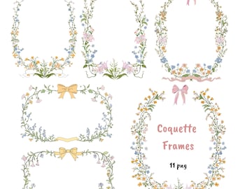 Coquette Floral Frames Clipart: Vintage Pastel Borders with Bows and Flowers
