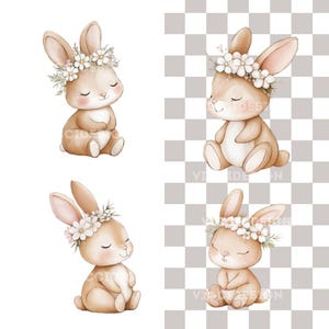 K&ouml;nnte beinhalten: Vier Aquarellillustrationen von entz&uuml;ckenden Hasen. Jeder Hase ist hellbraun mit langen Ohren und einem zarten Blumenkranz. Sie sind in sitzender Position mit geschlossenen Augen dargestellt, was eine friedliche und charmante &Auml;sthetik erzeugt.