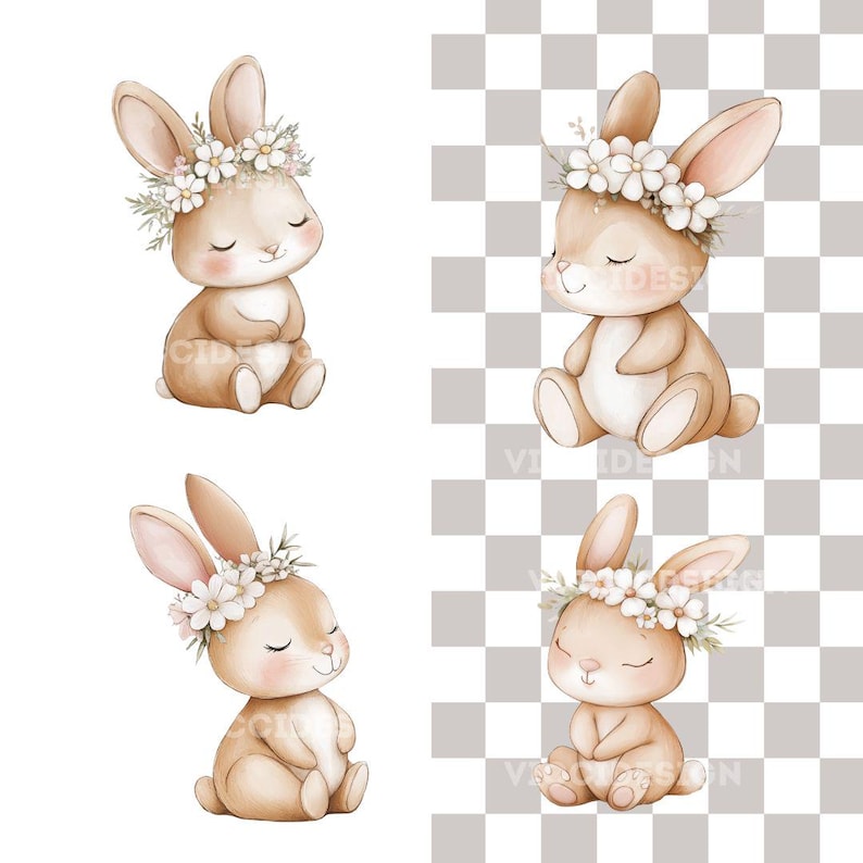 K&ouml;nnte beinhalten: Vier Aquarellillustrationen von entz&uuml;ckenden Hasen. Jeder Hase ist hellbraun mit langen Ohren und einem zarten Blumenkranz. Sie sind in sitzender Position mit geschlossenen Augen dargestellt, was eine friedliche und charmante &Auml;sthetik erzeugt.