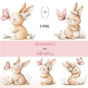 Süße Häschen Clipart, Aquarell Osterhasen PNG, Transparenter Hintergrund, Kaninchen Clipart, Boho Kinderzimmer, 300 DPI, Aquarell Blumen Häschen