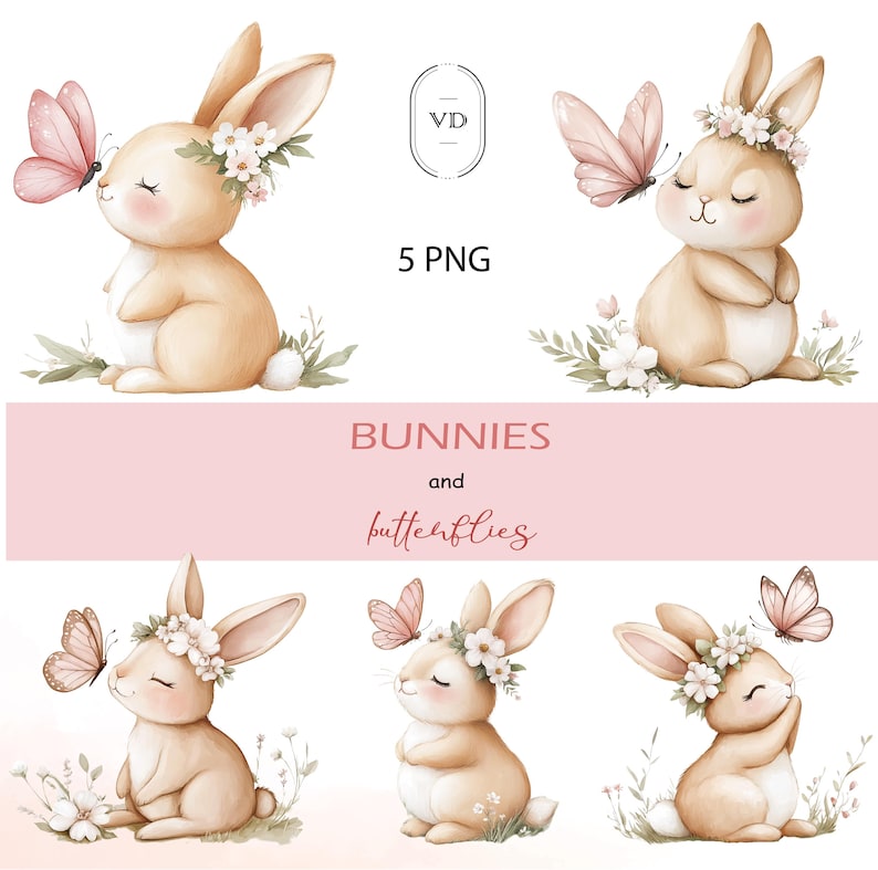 Clipart de coelhinho em aquarela, coelho e borboleta, decoração boho para quarto de bebê, imagens PNG para chá de bebê imagem 1