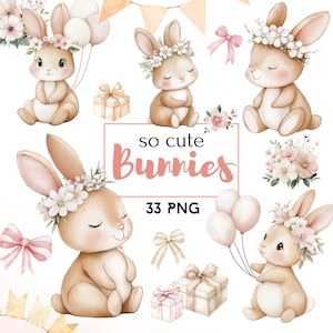 Niedliches Häschen Clipart, Aquarell Häschen, Häschen und Luftballons PNG, Kaninchen Clipart, Aquarell Blumen Häschen, 1