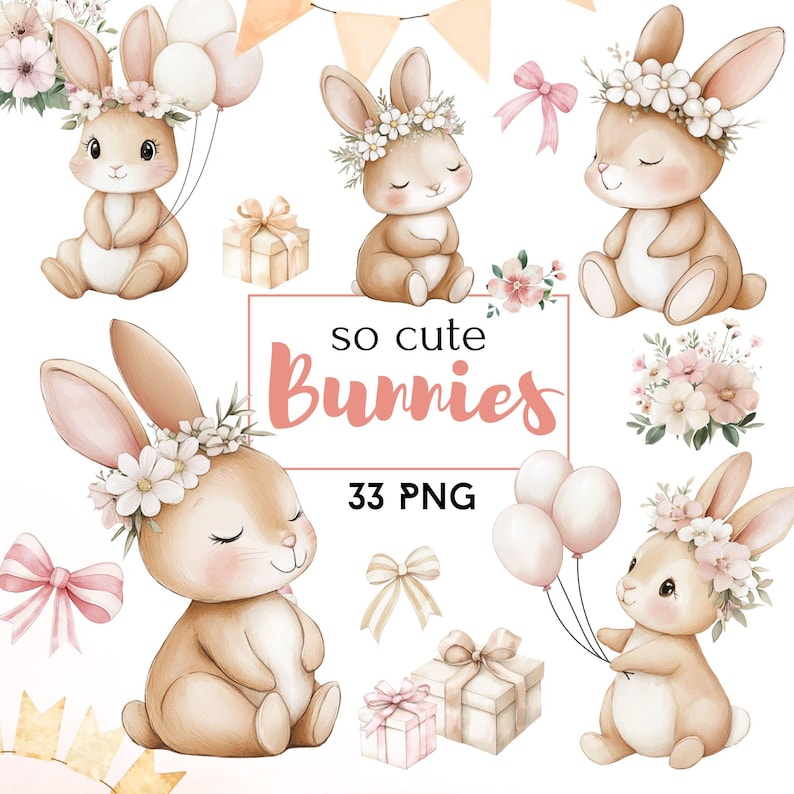 K&ouml;nnte beinhalten: Aquarellillustrationen von entz&uuml;ckenden Hasen mit Blumenkr&auml;nzen, die Luftballons halten und von Geschenkboxen und Blumengestecken umgeben sind. Der Text "so cute Bunnies" und "33 PNG" ist ebenfalls enthalten.