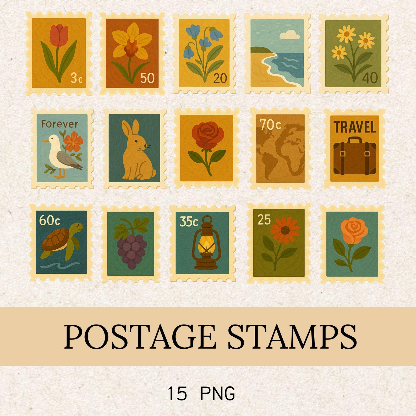 Vintage Postage Stamps Clipart, Retro PNG Ephemera (15 Elements) - Etsy ...