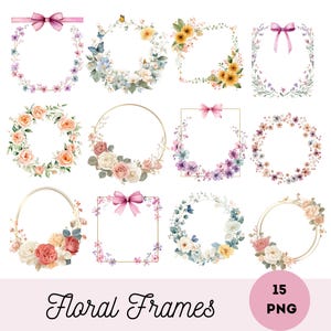 Puede incluir: Una colección de marcos florales de acuarela en varias formas, incluyendo círculos y cuadrados. Cada marco está adornado con flores, hojas y lazos en suaves colores pastel. El texto "Floral Frames" se muestra debajo.