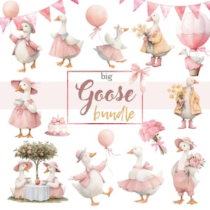 Watercolor Goose Clipart, Pink Goose Clipart, Baby Shower Goose png, 1st Birthday Goose Clipart, Pink Goose Clipart, 48 png commercial use