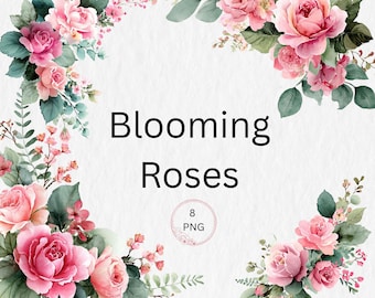 Watercolor Roses Clipart, Pink Blooming Flowers for Wedding, Birthday invitations